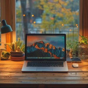 A laptop is placed on a wooden desk near a window, surrounded by potted plants, creating a peaceful and natural setting with ample sunlight for an ideal interior design space